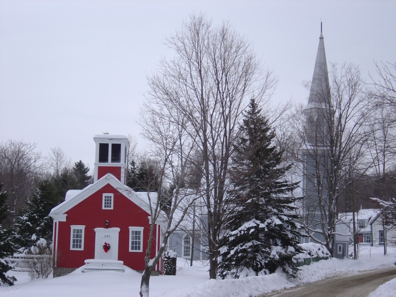  tower, trees, road and snow, Georgeville, Quebec, Canada.