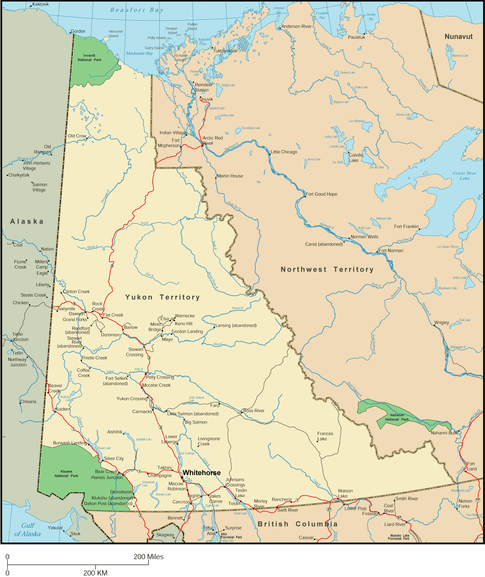 Detailed Yukon Map - Whitehorse - Roads - Population Centers - Lakes -